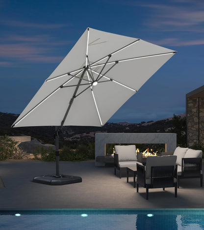 SUNGUARD UMBRELLAS Square Cantilever Patio Umbrella, 360-Degree Rotating Offset Outdoor Umbrella with Aluminum Frame, Crank Lift, Manual Tilt, Cross Base Included, Beige