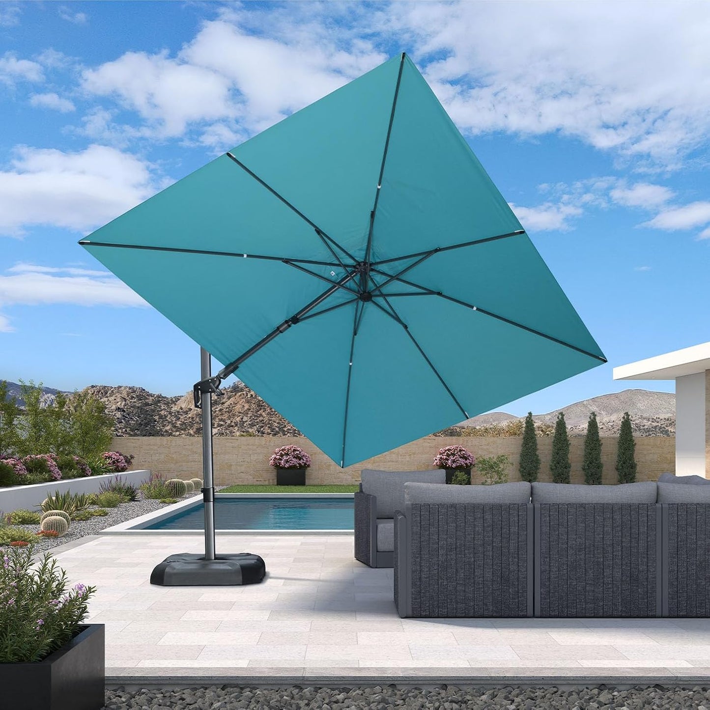 SUNGUARD UMBRELLAS Square Cantilever Patio Umbrella, 360-Degree Rotating Offset Outdoor Umbrella with Aluminum Frame, Crank Lift, Manual Tilt, Cross Base Included, Beige