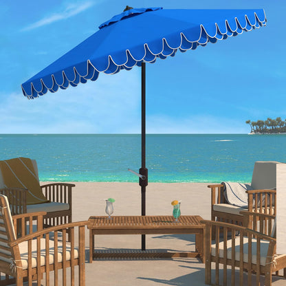 SUNGUARD UMBRELLAS 9 ft Valance Patio Umbrella, Round Outdoor Market Umbrella with Crank Lift, Auto Tilt, Decorative Petal Trim, Polyester Canopy, Brown Aluminum Pole, Pacific Blue