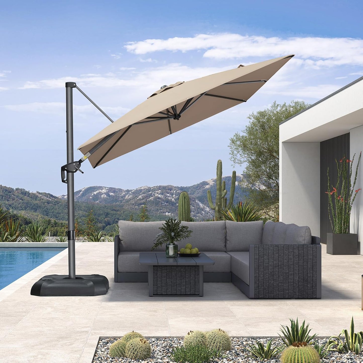 SUNGUARD UMBRELLAS Square Cantilever Patio Umbrella, 360-Degree Rotating Offset Outdoor Umbrella with Aluminum Frame, Crank Lift, Manual Tilt, Cross Base Included, Beige