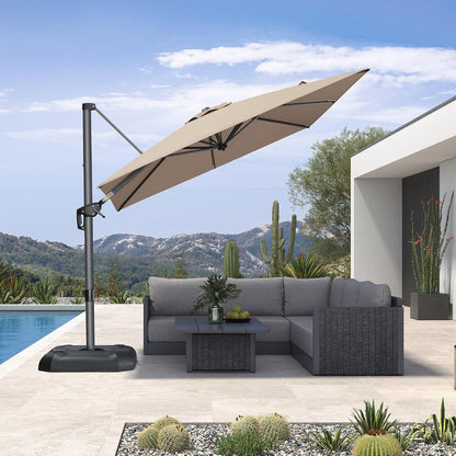 SUNGUARD UMBRELLAS Square Cantilever Patio Umbrella, 360-Degree Rotating Offset Outdoor Umbrella with Aluminum Frame, Crank Lift, Manual Tilt, Cross Base Included, Beige