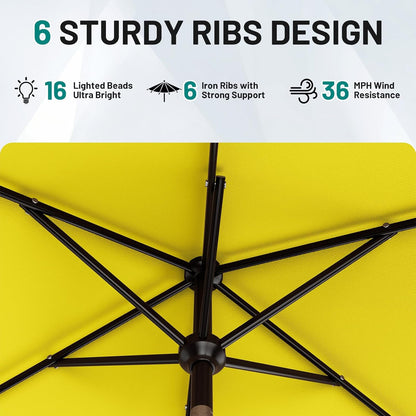 SUNGUARD UMBRELLAS Rectangular Solar LED Patio Umbrella, Outdoor Market Table Umbrella with 16 Solar Lights, Crank Lift, Push-Button Tilt, Vented Water-Repellent Canopy, Yellow, Base Not Included