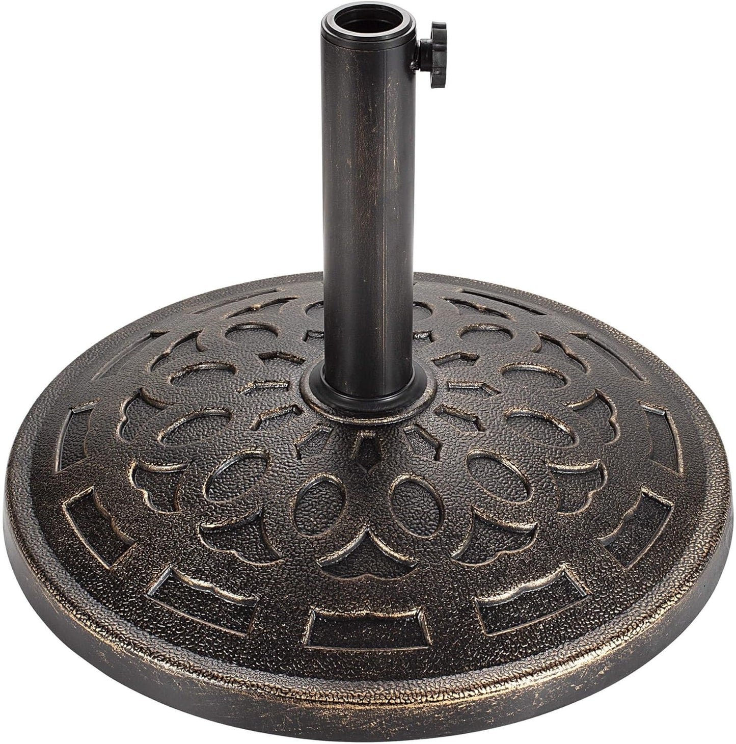 SUNGUARD UMBRELLAS Round Patio Umbrella Base, Bronze Resin Concrete Outdoor Market Umbrella Stand with Adjustable Pole Reducers, Tension Screw, Fits Up to 1.9 in Poles, for 7 ft to 11 ft Patio Umbrellas