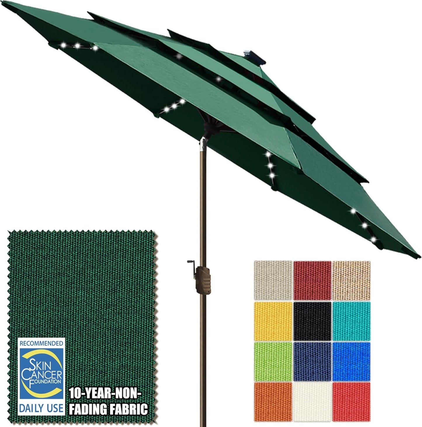 SUNGUARD UMBRELLAS Solar LED Patio Umbrella, Outdoor Market Table Umbrella with 80 LED Lights, Crank Lift, Manual Tilt, UPF 50+ Acrylic Canopy, Steel Frame, Teal, Base Not Included