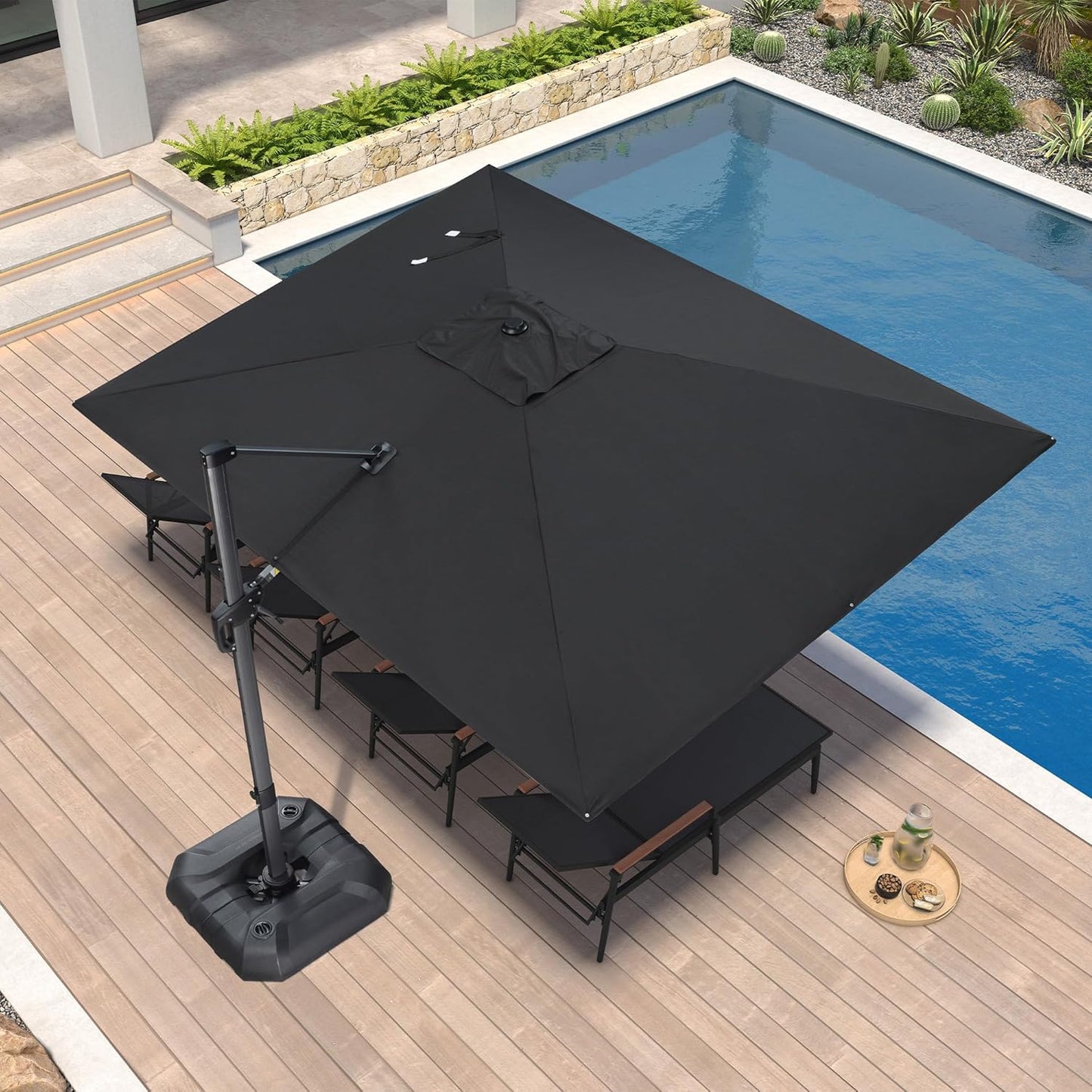 SUNGUARD UMBRELLAS Square Cantilever Patio Umbrella, 360-Degree Rotating Offset Outdoor Umbrella with Aluminum Frame, Crank Lift, Manual Tilt, Cross Base Included, Beige