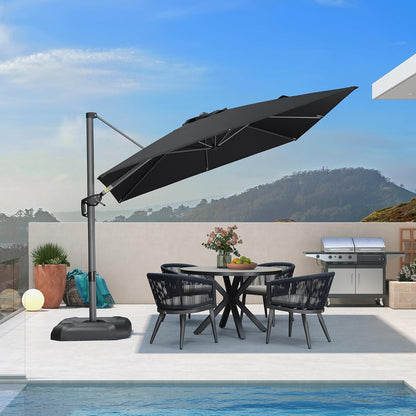 SUNGUARD UMBRELLAS Square Cantilever Patio Umbrella, 360-Degree Rotating Offset Outdoor Umbrella with Aluminum Frame, Crank Lift, Manual Tilt, Cross Base Included, Beige
