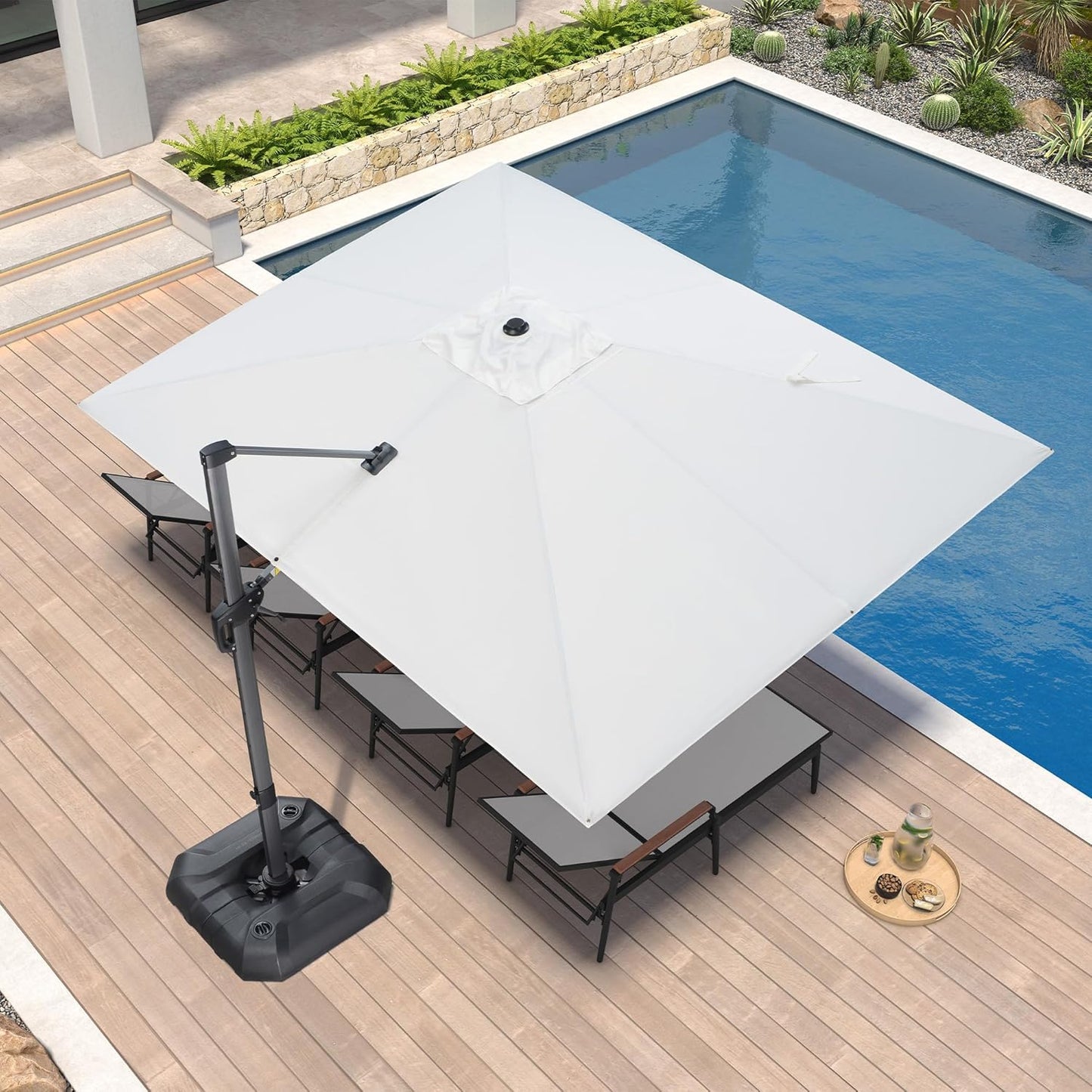 SUNGUARD UMBRELLAS Square Cantilever Patio Umbrella, 360-Degree Rotating Offset Outdoor Umbrella with Aluminum Frame, Crank Lift, Manual Tilt, Cross Base Included, Beige