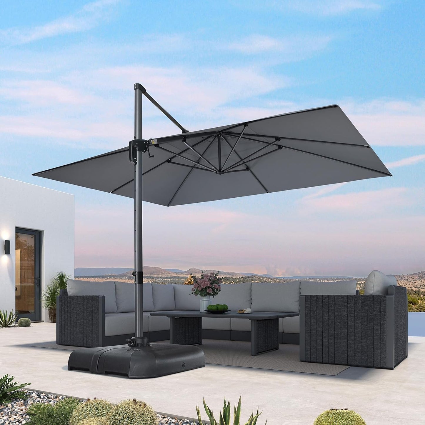 SUNGUARD UMBRELLAS Square Cantilever Patio Umbrella, 360-Degree Rotating Offset Outdoor Umbrella with Aluminum Frame, Crank Lift, Manual Tilt, Cross Base Included, Beige