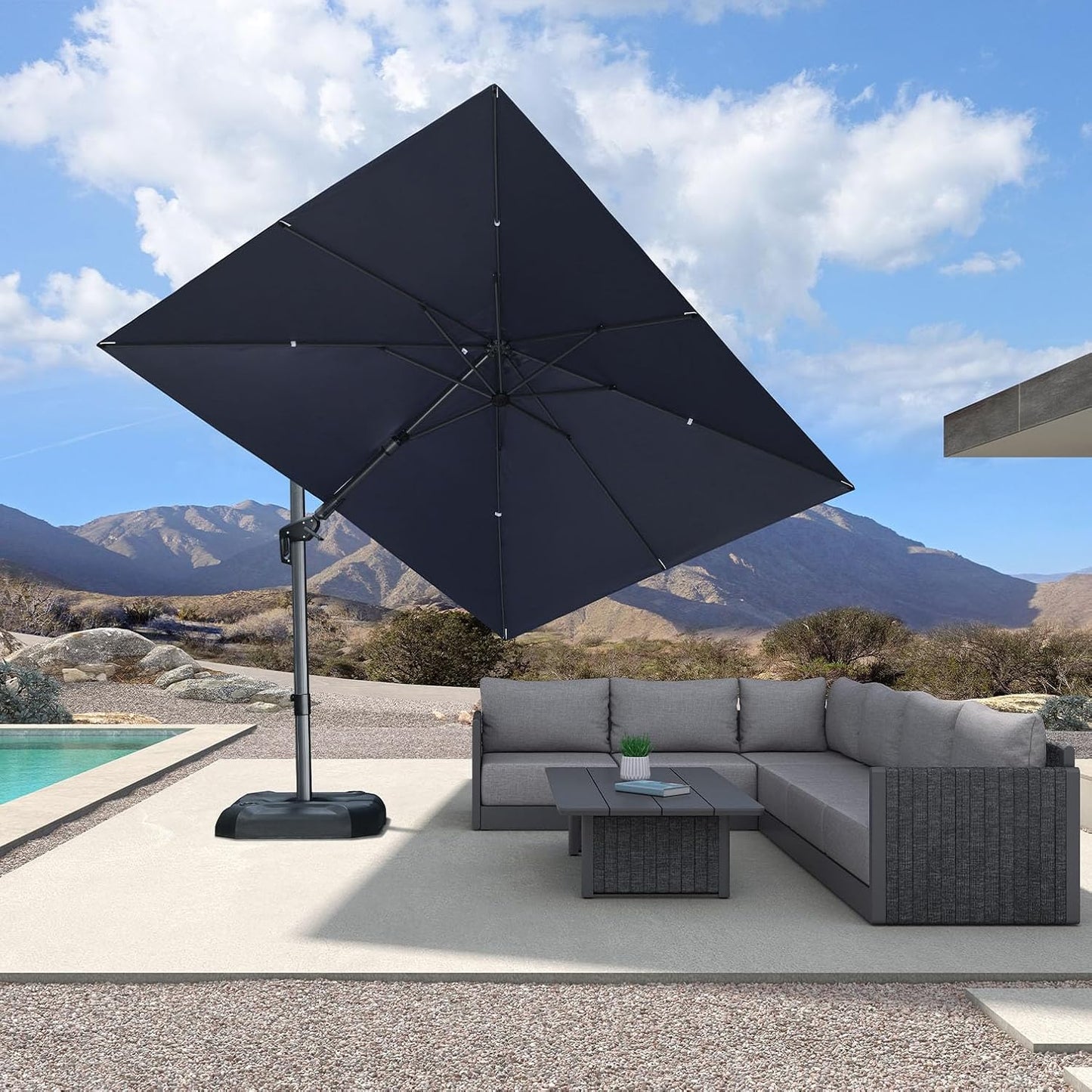 SUNGUARD UMBRELLAS Square Cantilever Patio Umbrella, 360-Degree Rotating Offset Outdoor Umbrella with Aluminum Frame, Crank Lift, Manual Tilt, Cross Base Included, Beige