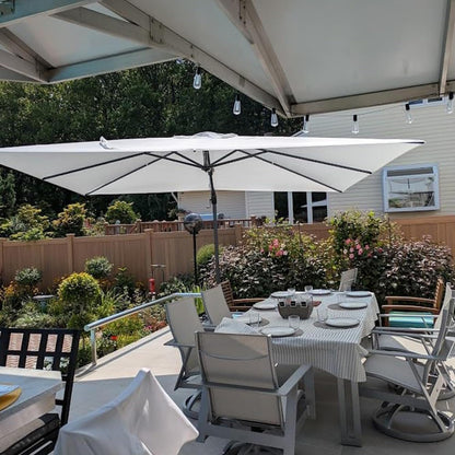 SUNGUARD UMBRELLAS Square Cantilever Patio Umbrella, 360-Degree Rotating Offset Outdoor Umbrella with Aluminum Frame, Crank Lift, Manual Tilt, Cross Base Included, Beige