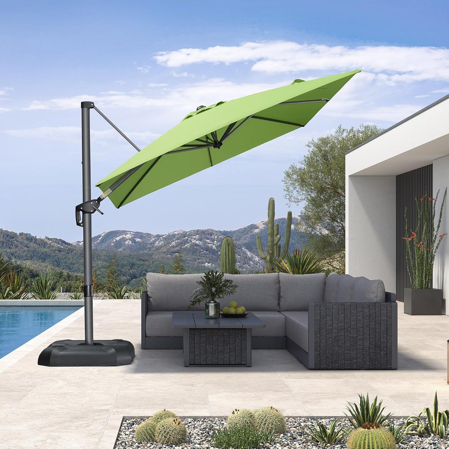 SUNGUARD UMBRELLAS Square Cantilever Patio Umbrella, 360-Degree Rotating Offset Outdoor Umbrella with Aluminum Frame, Crank Lift, Manual Tilt, Cross Base Included, Beige