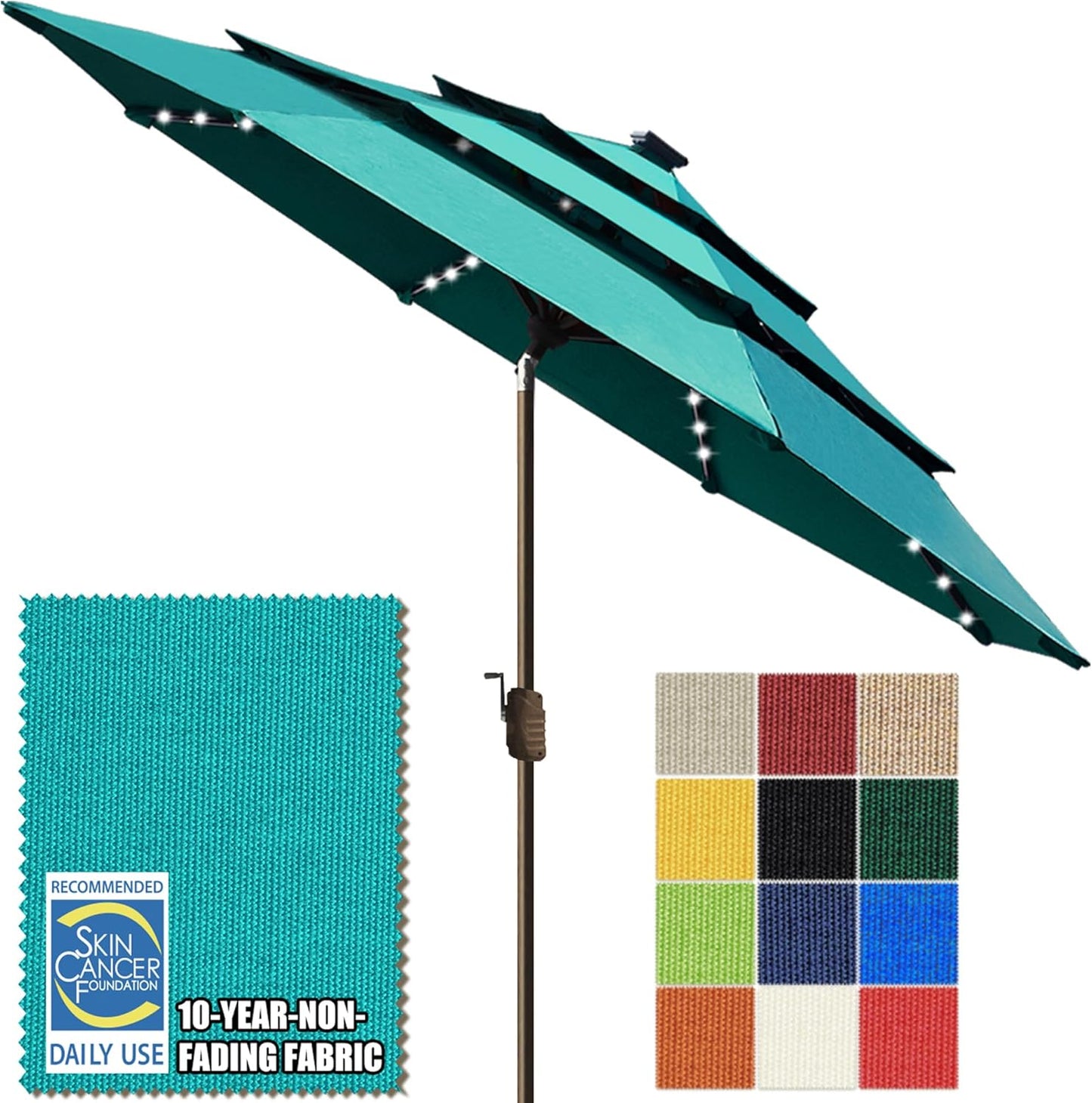 SUNGUARD UMBRELLAS Solar LED Patio Umbrella, Outdoor Market Table Umbrella with 80 LED Lights, Crank Lift, Manual Tilt, UPF 50+ Acrylic Canopy, Steel Frame, Teal, Base Not Included