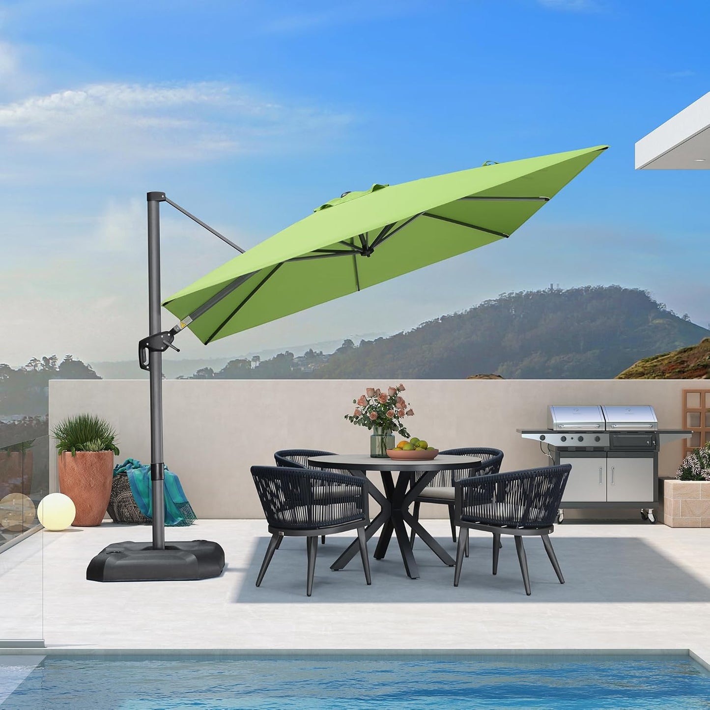 SUNGUARD UMBRELLAS Square Cantilever Patio Umbrella, 360-Degree Rotating Offset Outdoor Umbrella with Aluminum Frame, Crank Lift, Manual Tilt, Cross Base Included, Beige