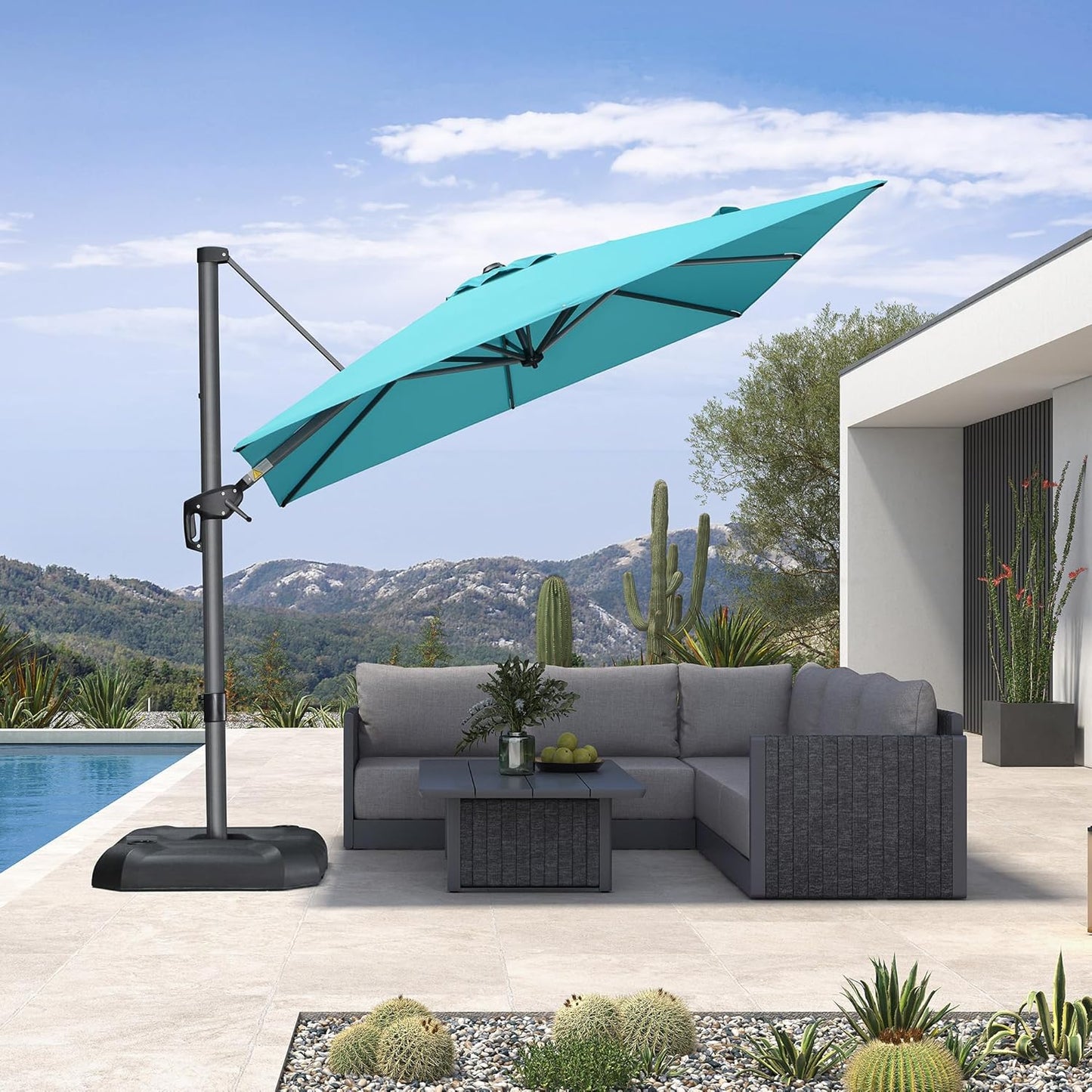 SUNGUARD UMBRELLAS Square Cantilever Patio Umbrella, 360-Degree Rotating Offset Outdoor Umbrella with Aluminum Frame, Crank Lift, Manual Tilt, Cross Base Included, Beige