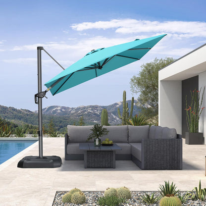 SUNGUARD UMBRELLAS Square Cantilever Patio Umbrella, 360-Degree Rotating Offset Outdoor Umbrella with Aluminum Frame, Crank Lift, Manual Tilt, Cross Base Included, Beige