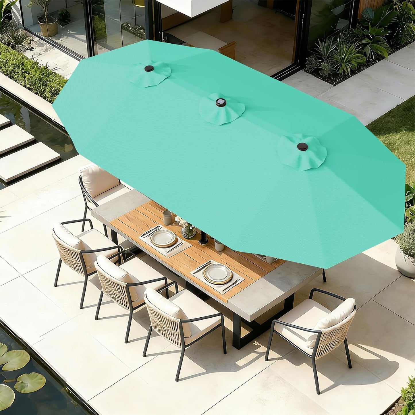 SUNGUARD UMBRELLAS 13 ft Solar LED Double-Sided Patio Umbrella, 6.5 ft x 13 ft Rectangular Outdoor Market Umbrella with Crank, Cross Base and Cerulean UV-Resistant Canopy