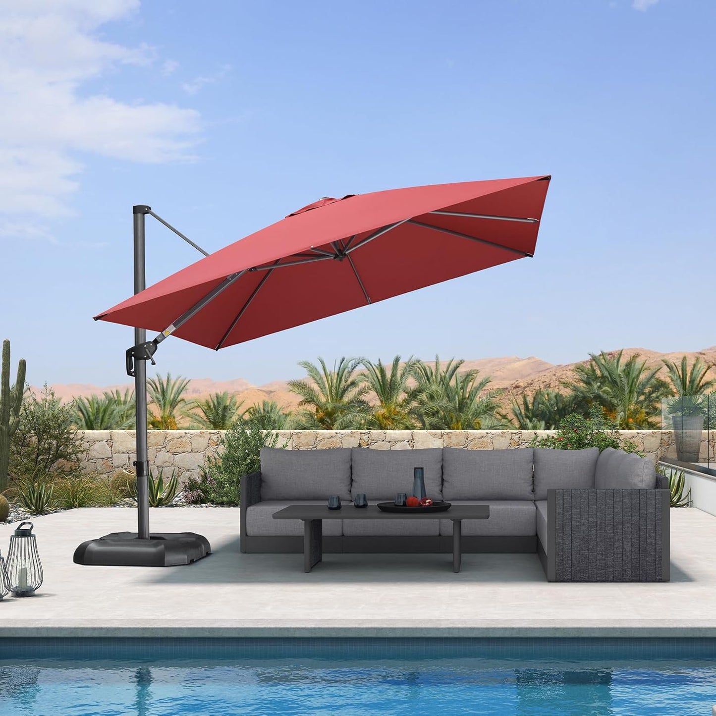 SUNGUARD UMBRELLAS Square Cantilever Patio Umbrella, 360-Degree Rotating Offset Outdoor Umbrella with Aluminum Frame, Crank Lift, Manual Tilt, Cross Base Included, Beige