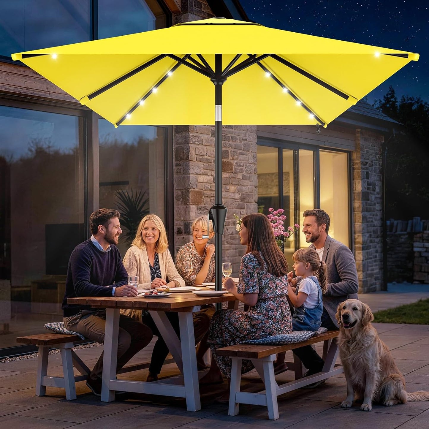 SUNGUARD UMBRELLAS Rectangular Solar LED Patio Umbrella, Outdoor Market Table Umbrella with 16 Solar Lights, Crank Lift, Push-Button Tilt, Vented Water-Repellent Canopy, Yellow, Base Not Included