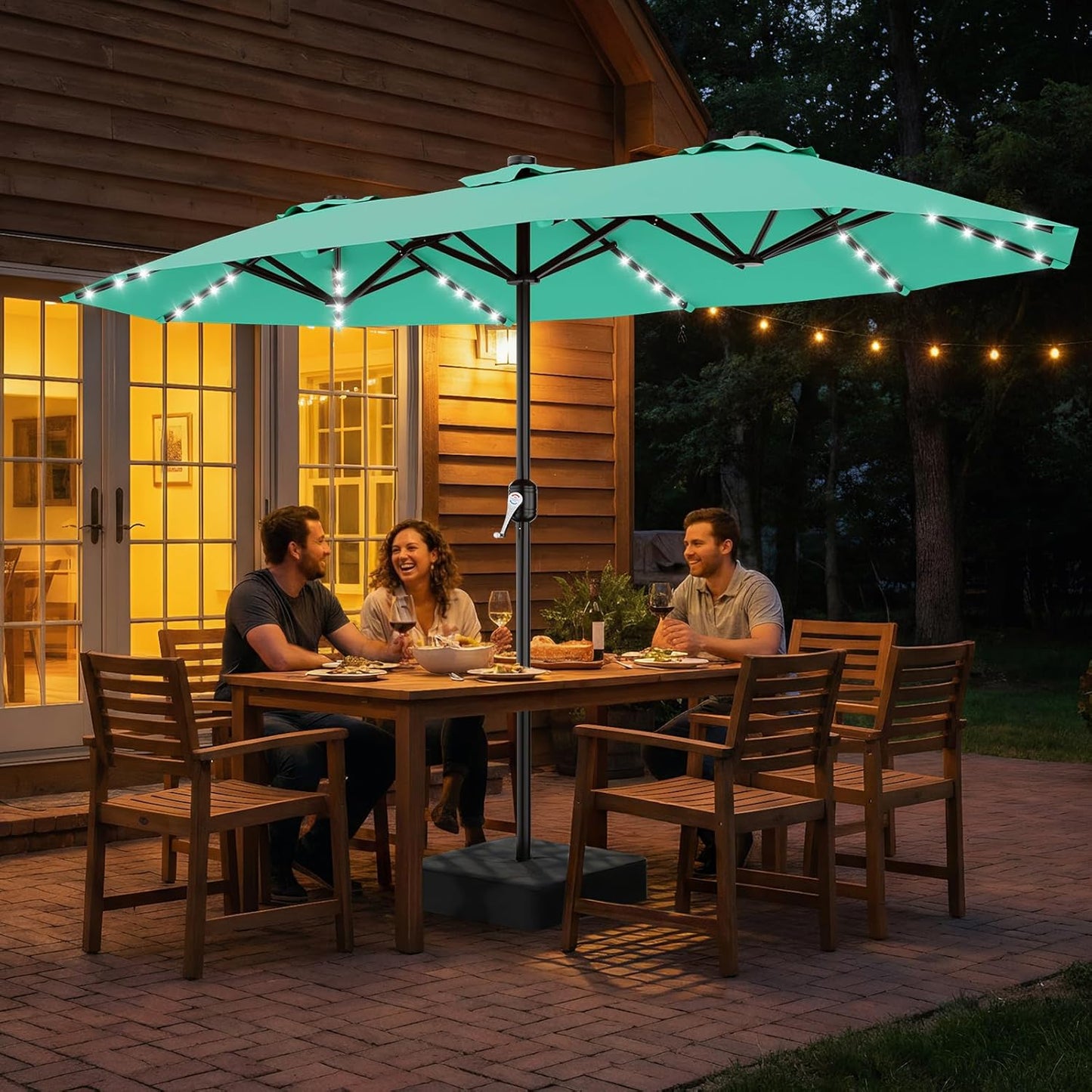 SUNGUARD UMBRELLAS 13 ft Solar LED Double-Sided Patio Umbrella, 6.5 ft x 13 ft Rectangular Outdoor Market Umbrella with Crank, Cross Base and Cerulean UV-Resistant Canopy