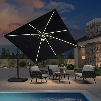 SUNGUARD UMBRELLAS Square Cantilever Patio Umbrella, 360-Degree Rotating Offset Outdoor Umbrella with Aluminum Frame, Crank Lift, Manual Tilt, Cross Base Included, Beige