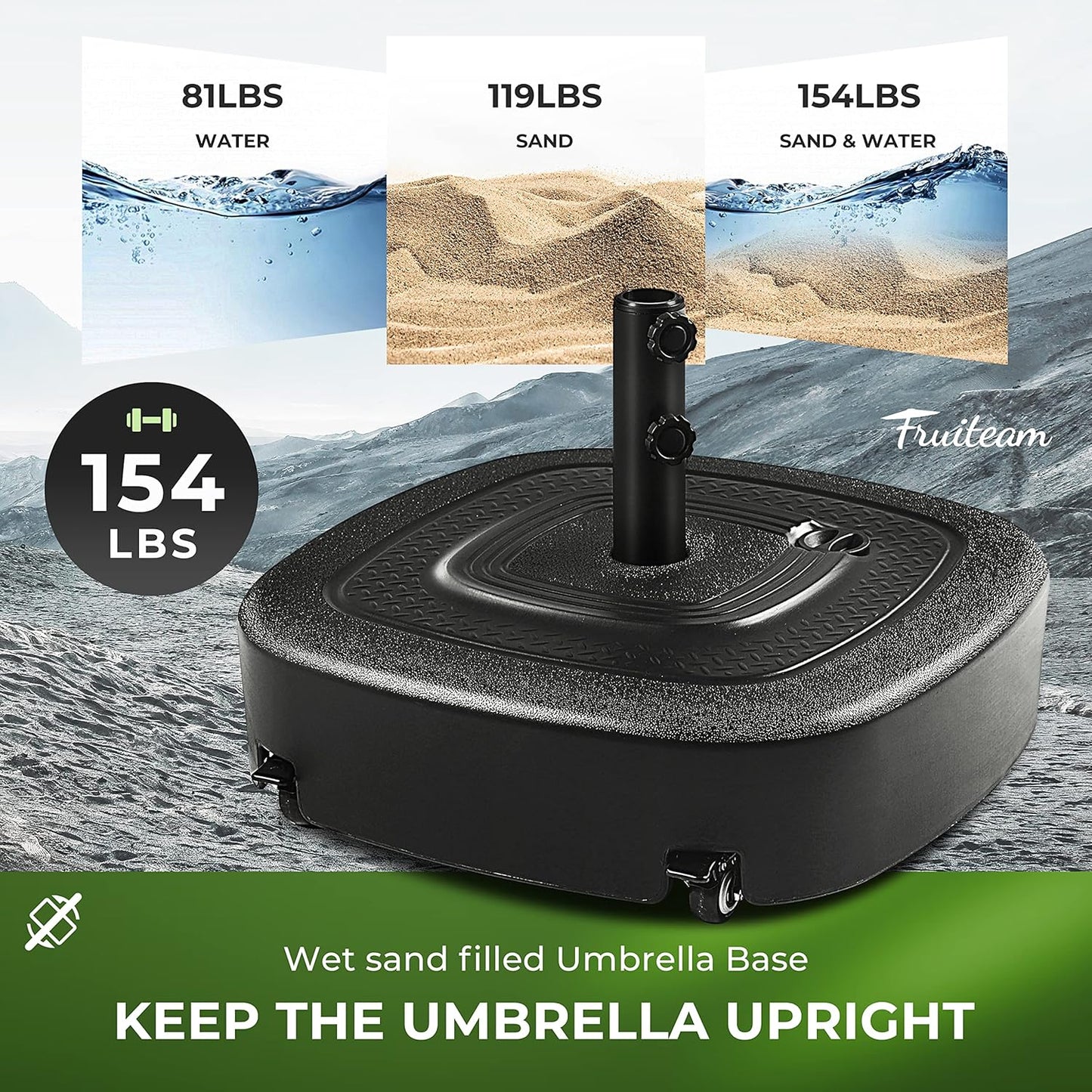 SUNGUARD UMBRELLAS 154 lb Fillable Mobile Patio Umbrella Base with 4 Wheels, Water or Sand Filled Outdoor Market Umbrella Stand with 2 Wheel Locks and 2 Knobs, Black, Fits 6 ft to 12 ft Straight-Pole Umbrellas