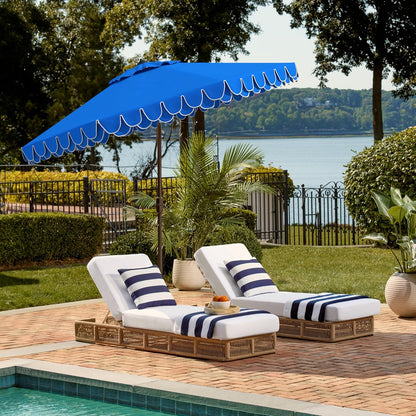 SUNGUARD UMBRELLAS 9 ft Valance Patio Umbrella, Round Outdoor Market Umbrella with Crank Lift, Auto Tilt, Decorative Petal Trim, Polyester Canopy, Brown Aluminum Pole, Pacific Blue