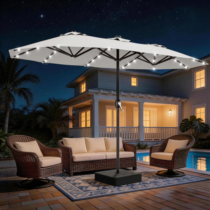 SUNGUARD UMBRELLAS 13 ft Solar LED Double-Sided Patio Umbrella, 6.5 ft x 13 ft Rectangular Outdoor Market Umbrella with Crank, Cross Base and Cerulean UV-Resistant Canopy