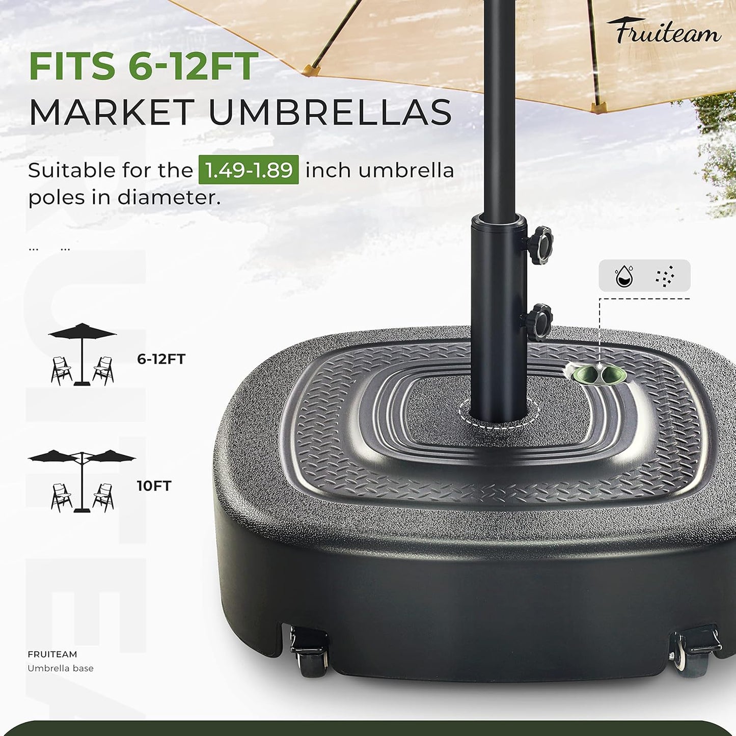 SUNGUARD UMBRELLAS 154 lb Fillable Mobile Patio Umbrella Base with 4 Wheels, Water or Sand Filled Outdoor Market Umbrella Stand with 2 Wheel Locks and 2 Knobs, Black, Fits 6 ft to 12 ft Straight-Pole Umbrellas