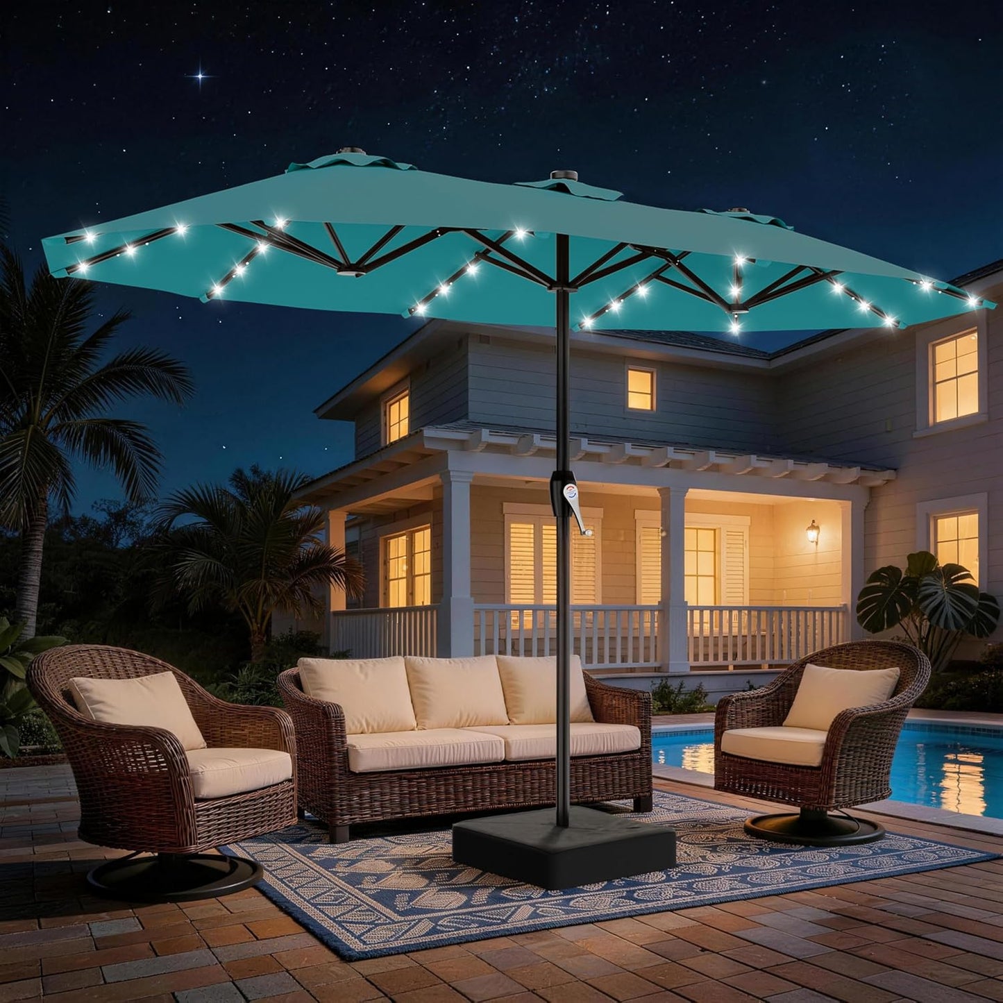SUNGUARD UMBRELLAS 13 ft Solar LED Double-Sided Patio Umbrella, 6.5 ft x 13 ft Rectangular Outdoor Market Umbrella with Crank, Cross Base and Cerulean UV-Resistant Canopy