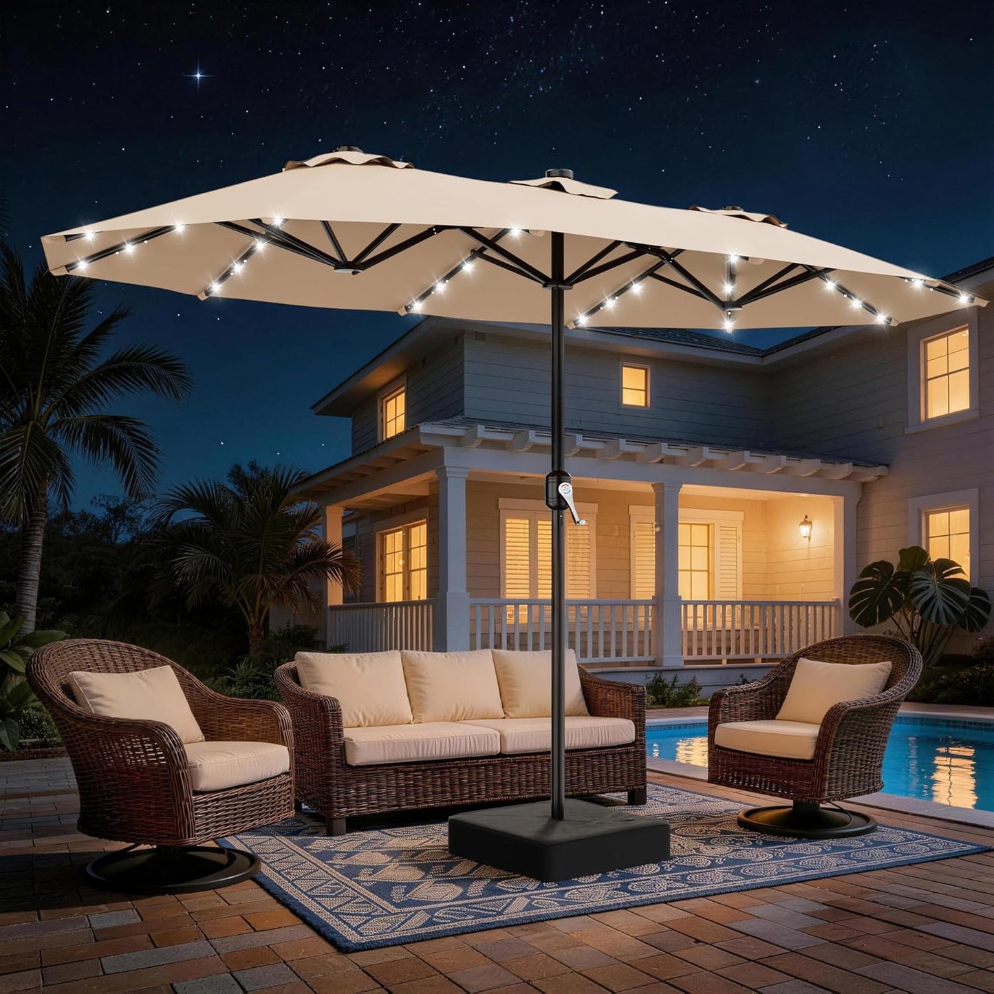 SUNGUARD UMBRELLAS 13 ft Solar LED Double-Sided Patio Umbrella, 6.5 ft x 13 ft Rectangular Outdoor Market Umbrella with Crank, Cross Base and Cerulean UV-Resistant Canopy