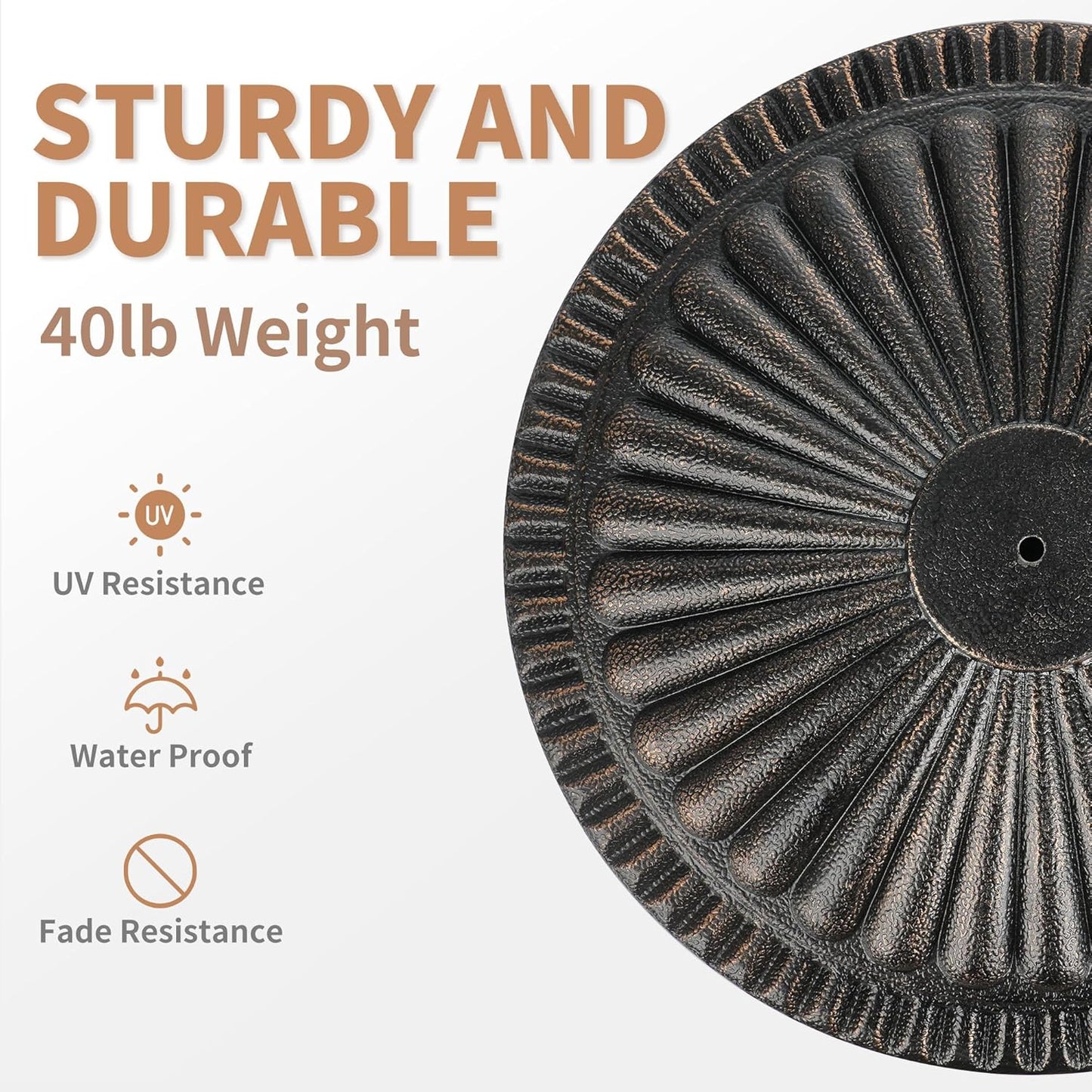 SUNGUARD UMBRELLAS Round Patio Umbrella Base, Bronze Resin Concrete Outdoor Market Umbrella Stand with Adjustable Pole Reducers, Tension Screw, Fits Up to 1.9 in Poles, for 7 ft to 11 ft Patio Umbrellas