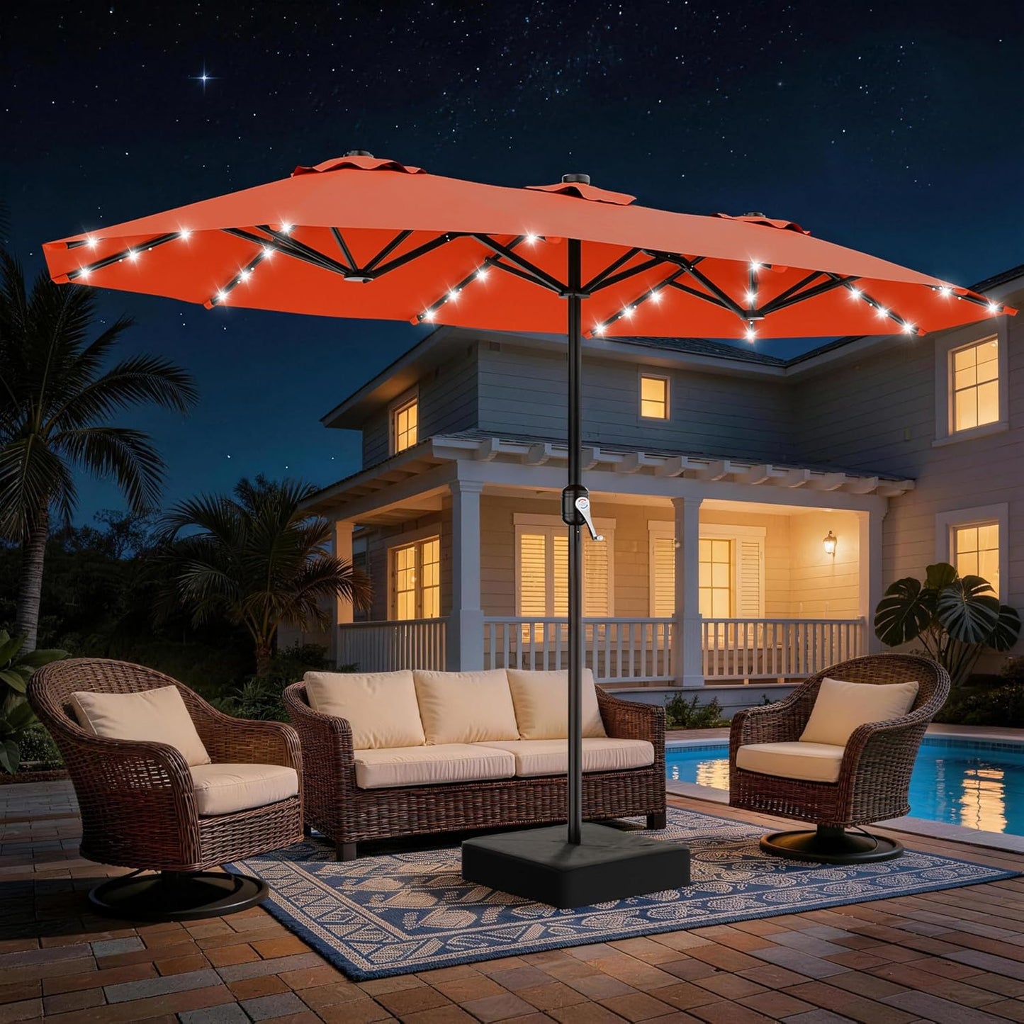 SUNGUARD UMBRELLAS 13 ft Solar LED Double-Sided Patio Umbrella, 6.5 ft x 13 ft Rectangular Outdoor Market Umbrella with Crank, Cross Base and Cerulean UV-Resistant Canopy
