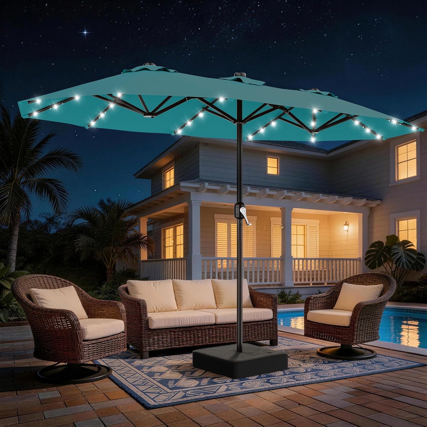 SUNGUARD UMBRELLAS 13 ft Solar LED Double-Sided Patio Umbrella, 6.5 ft x 13 ft Rectangular Outdoor Market Umbrella with Crank, Cross Base and Cerulean UV-Resistant Canopy