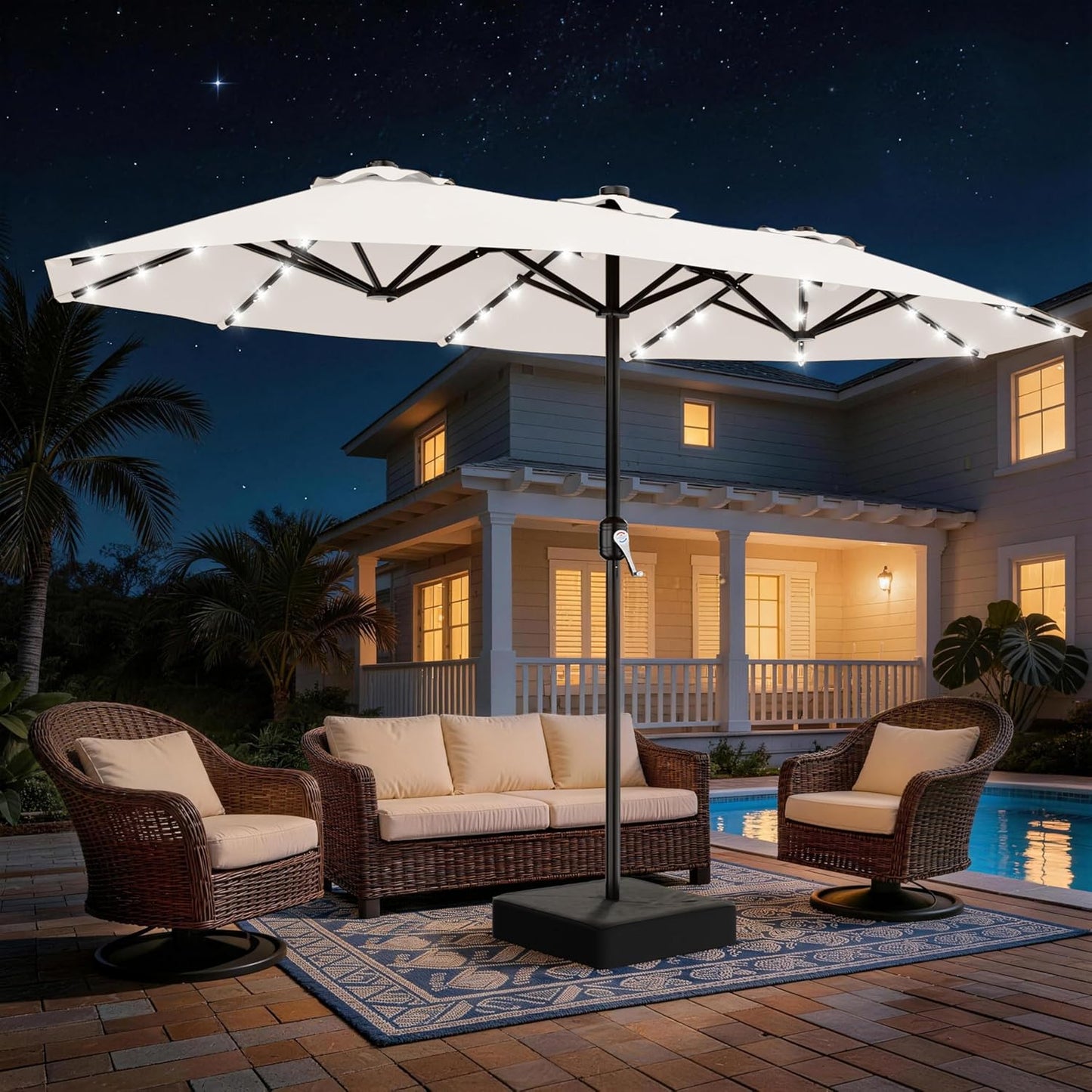 SUNGUARD UMBRELLAS 13 ft Solar LED Double-Sided Patio Umbrella, 6.5 ft x 13 ft Rectangular Outdoor Market Umbrella with Crank, Cross Base and Cerulean UV-Resistant Canopy