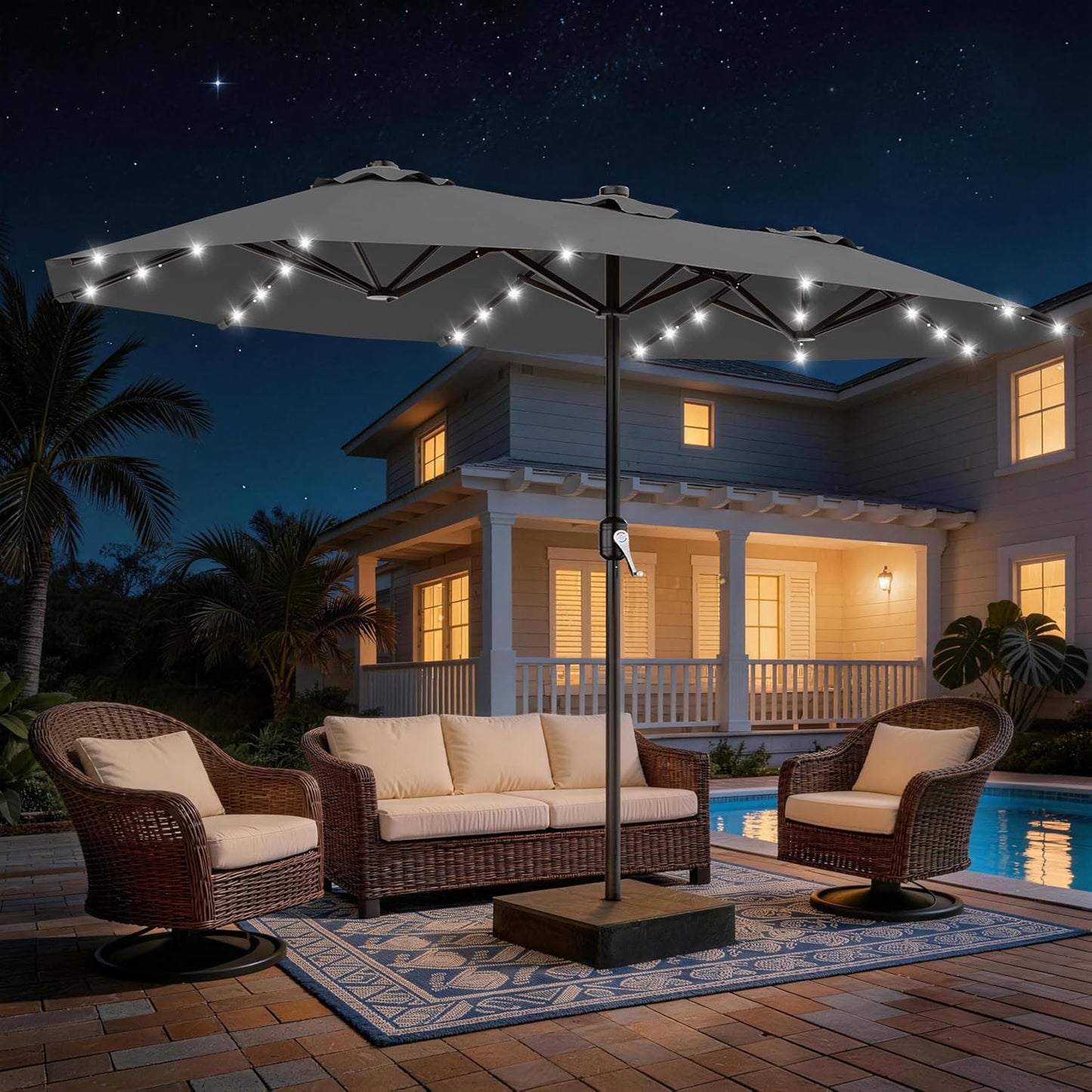 SUNGUARD UMBRELLAS 13 ft Solar LED Double-Sided Patio Umbrella, 6.5 ft x 13 ft Rectangular Outdoor Market Umbrella with Crank, Cross Base and Cerulean UV-Resistant Canopy