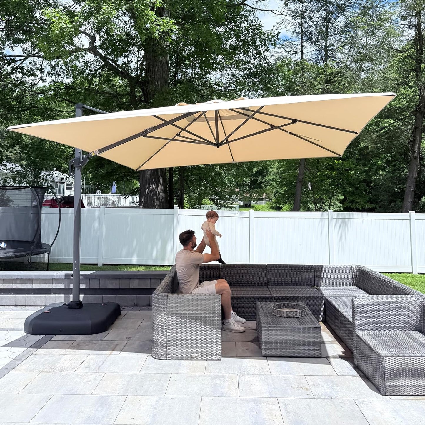 SUNGUARD UMBRELLAS Square Cantilever Patio Umbrella, 360-Degree Rotating Offset Outdoor Umbrella with Aluminum Frame, Crank Lift, Manual Tilt, Cross Base Included, Beige