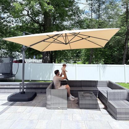 SUNGUARD UMBRELLAS Square Cantilever Patio Umbrella, 360-Degree Rotating Offset Outdoor Umbrella with Aluminum Frame, Crank Lift, Manual Tilt, Cross Base Included, Beige