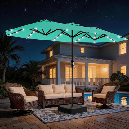 SUNGUARD UMBRELLAS 13 ft Solar LED Double-Sided Patio Umbrella, 6.5 ft x 13 ft Rectangular Outdoor Market Umbrella with Crank, Cross Base and Cerulean UV-Resistant Canopy