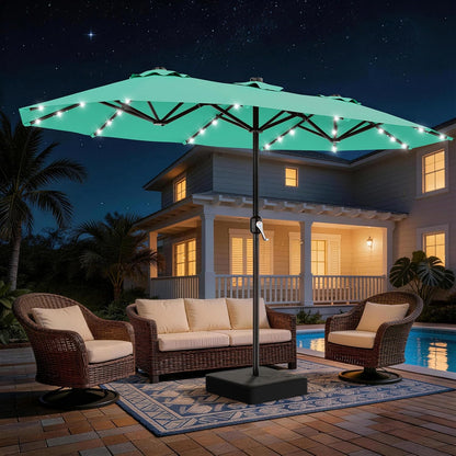 SUNGUARD UMBRELLAS 13 ft Solar LED Double-Sided Patio Umbrella, 6.5 ft x 13 ft Rectangular Outdoor Market Umbrella with Crank, Cross Base and Cerulean UV-Resistant Canopy