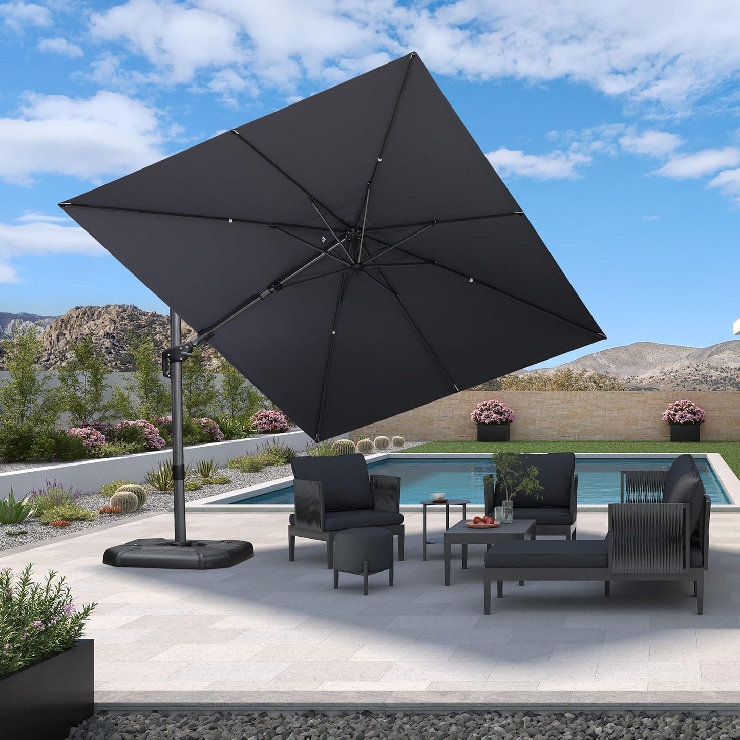SUNGUARD UMBRELLAS Square Cantilever Patio Umbrella, 360-Degree Rotating Offset Outdoor Umbrella with Aluminum Frame, Crank Lift, Manual Tilt, Cross Base Included, Beige