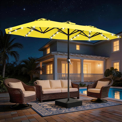 SUNGUARD UMBRELLAS 13 ft Solar LED Double-Sided Patio Umbrella, 6.5 ft x 13 ft Rectangular Outdoor Market Umbrella with Crank, Cross Base and Cerulean UV-Resistant Canopy