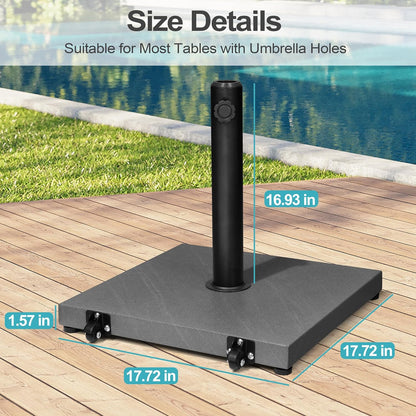 SUNGUARD UMBRELLAS 43 lb Square Patio Umbrella Base with Wheels, Pre-Filled Concrete Outdoor Market Umbrella Stand, Powder-Coated Steel, Gray, Fits 1.37 in, 1.5 in, and 1.9 in Poles