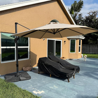 SUNGUARD UMBRELLAS Square Cantilever Patio Umbrella, 360-Degree Rotating Offset Outdoor Umbrella with Aluminum Frame, Crank Lift, Manual Tilt, Cross Base Included, Beige