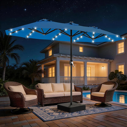 SUNGUARD UMBRELLAS 13 ft Solar LED Double-Sided Patio Umbrella, 6.5 ft x 13 ft Rectangular Outdoor Market Umbrella with Crank, Cross Base and Cerulean UV-Resistant Canopy