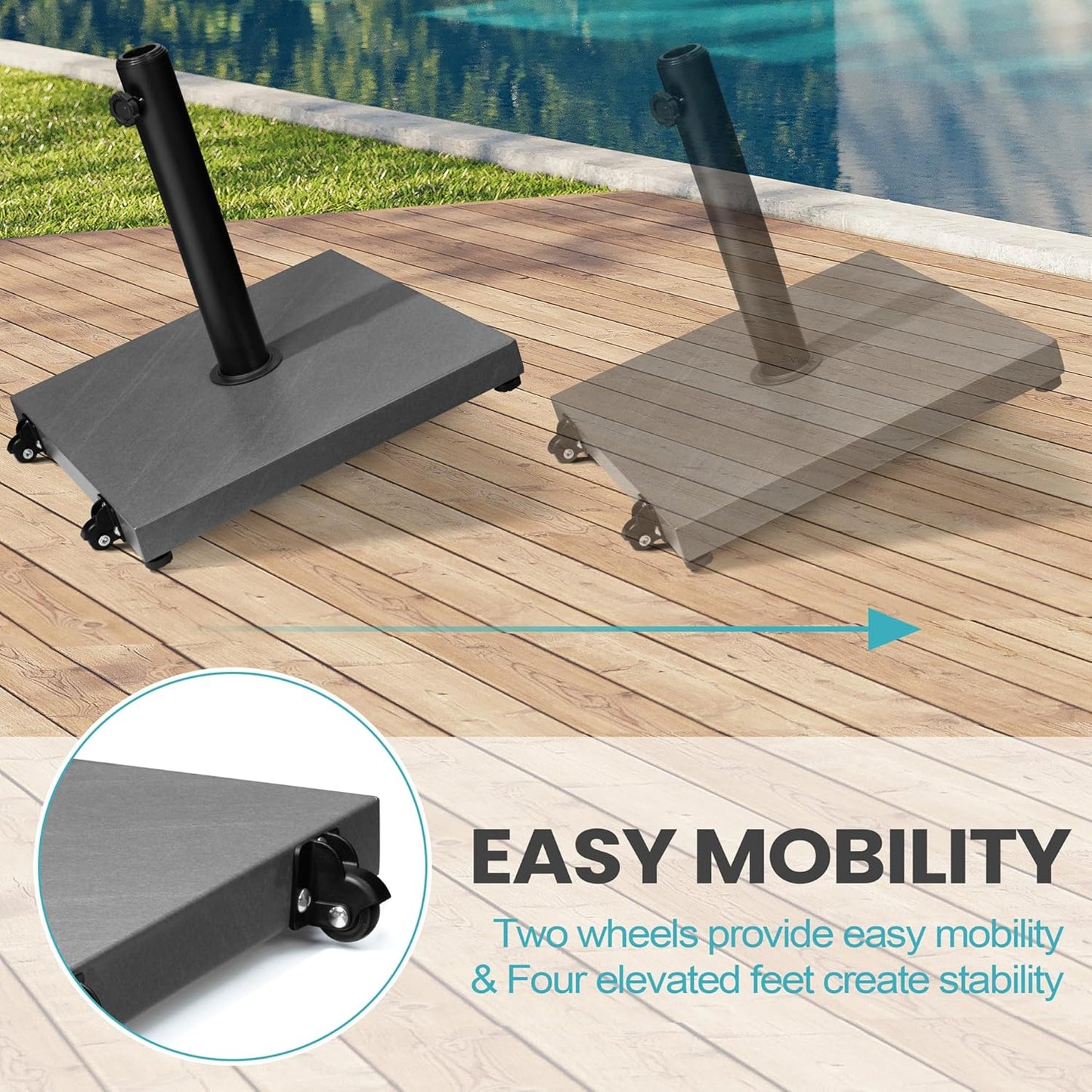 SUNGUARD UMBRELLAS 43 lb Square Patio Umbrella Base with Wheels, Pre-Filled Concrete Outdoor Market Umbrella Stand, Powder-Coated Steel, Gray, Fits 1.37 in, 1.5 in, and 1.9 in Poles