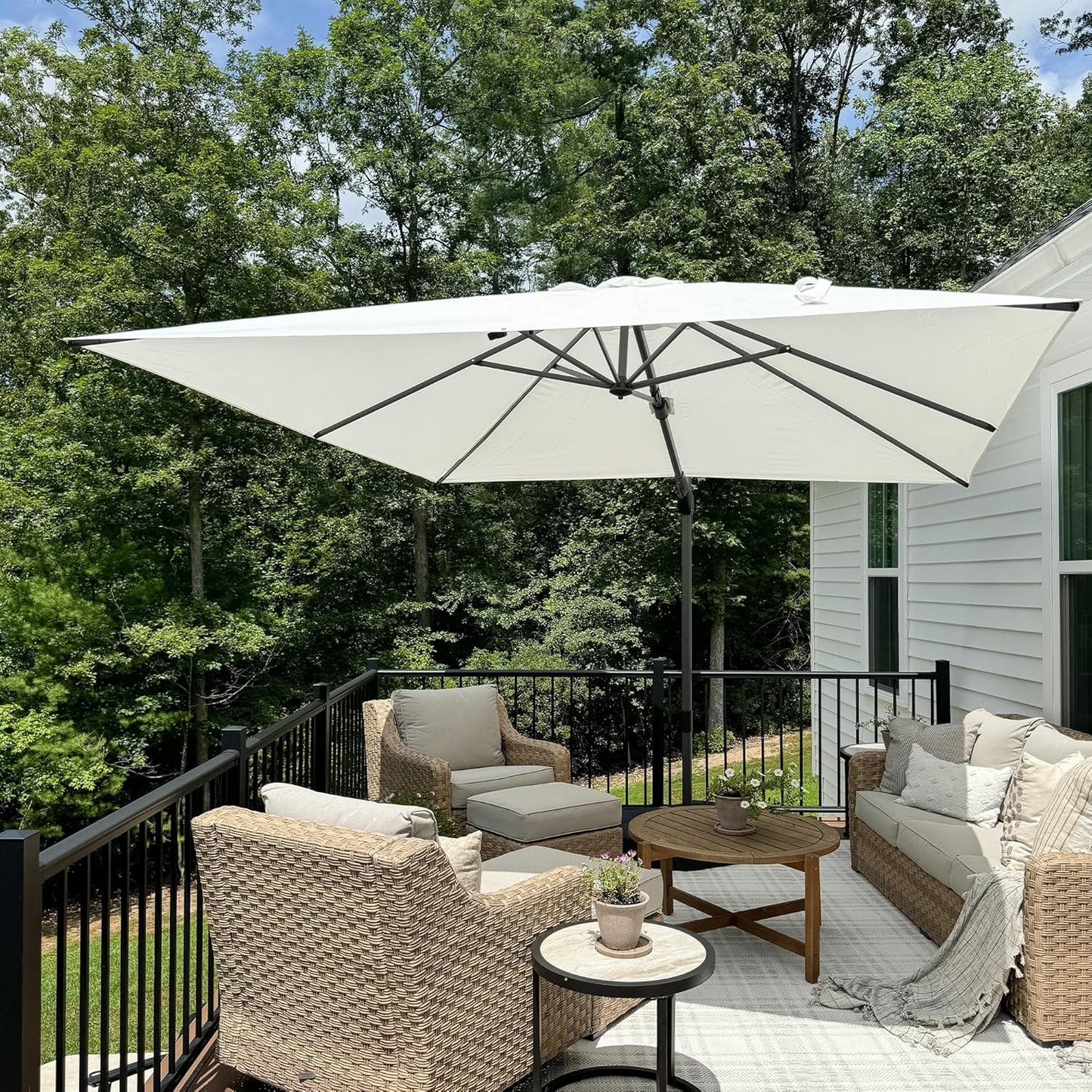 SUNGUARD UMBRELLAS Square Cantilever Patio Umbrella, 360-Degree Rotating Offset Outdoor Umbrella with Aluminum Frame, Crank Lift, Manual Tilt, Cross Base Included, Beige