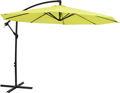 Yellow patio umbrella with a black stand on a white background